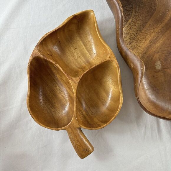2 Vtg House Of Monkey Pod Wood Dishes Divided Leaf Bowl & Abstract Bowl Hawaii - Picture 2 of 15